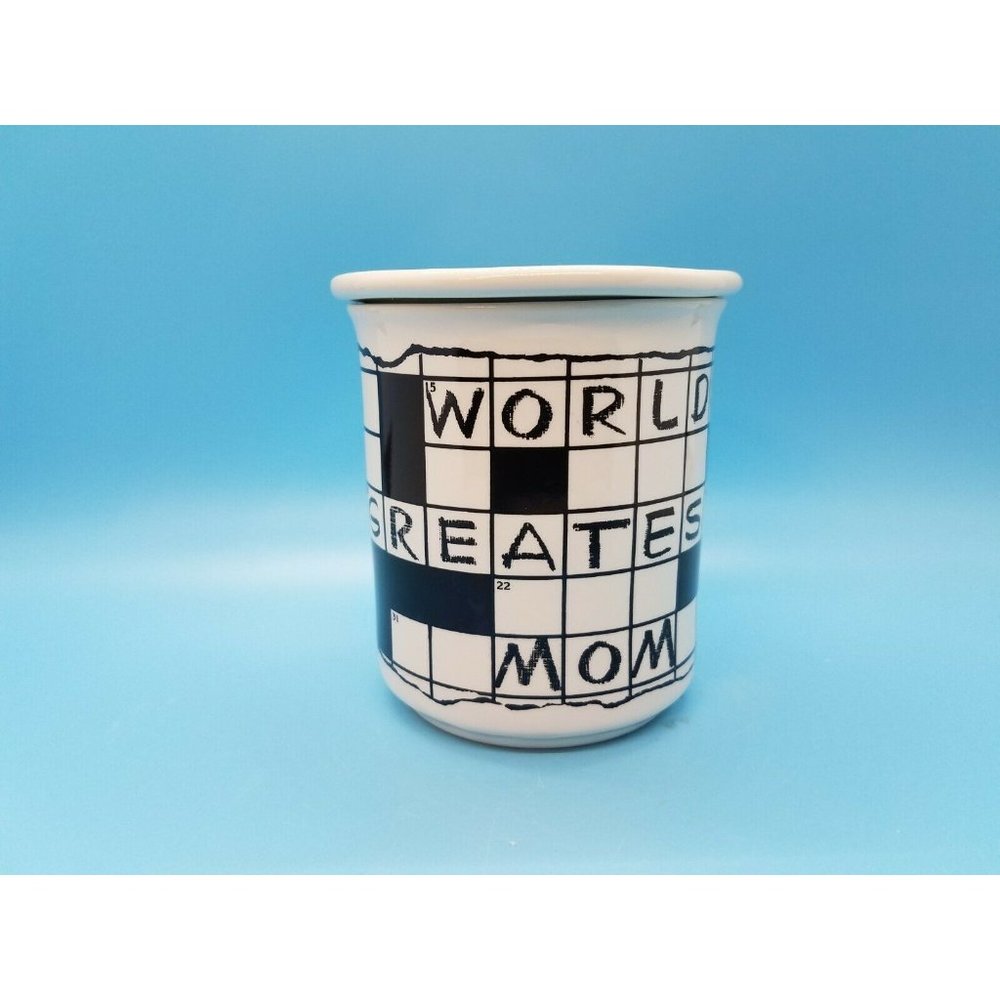 Crossword Puzzle Coffee Mug Tea Cup Worlds Greatest Best Mom Trivet Lid 1988 OTC
